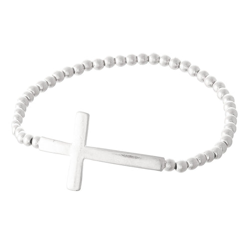Silver Bead Cross Stretch Bracelet