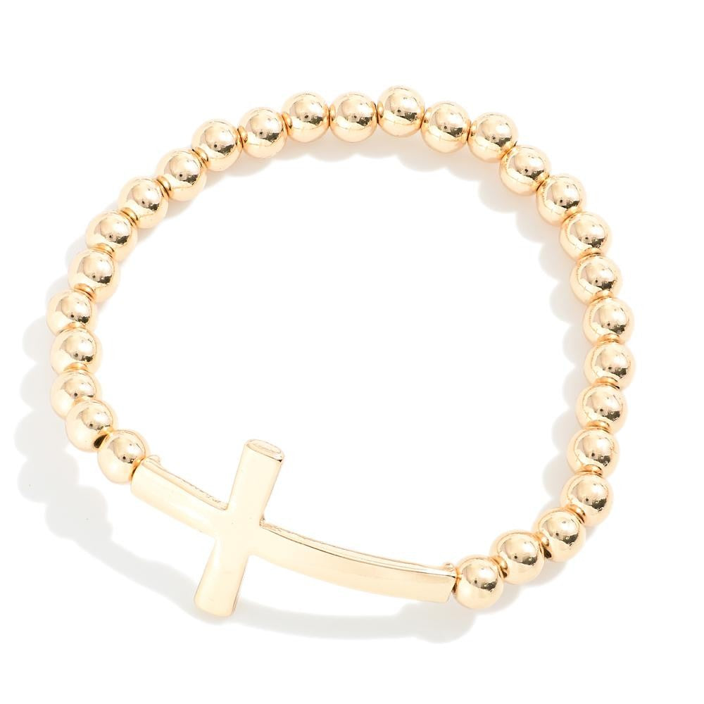 Gold Bead Cross Stretch Bracelet