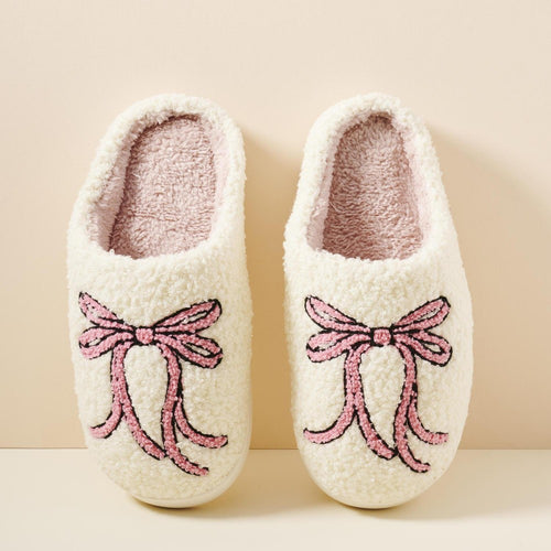 Plush Bow Slide on Slippers