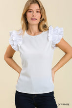 White Ribbed Top with Poplin Ruffle Sleeves