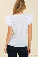 White Ribbed Top with Poplin Ruffle Sleeves