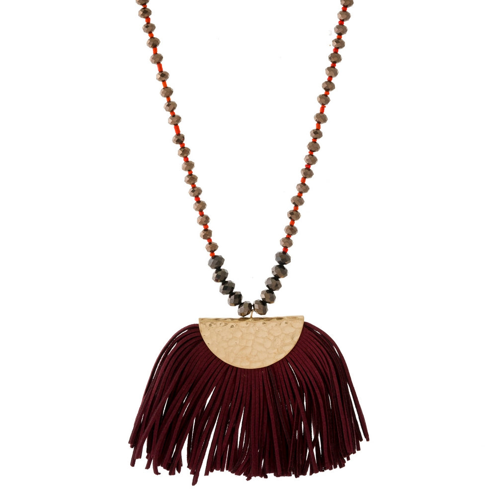 Burgundy Leather Tassel fan Necklace