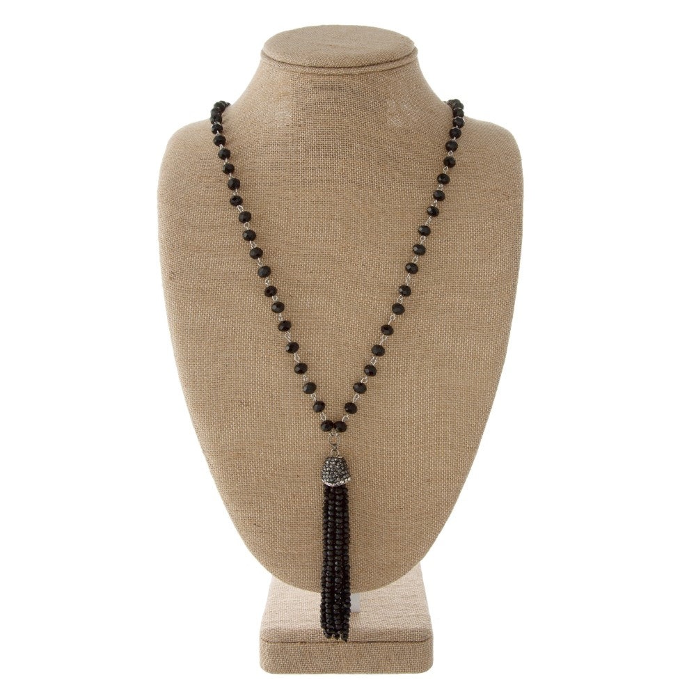 Black faceted Bead tassel Necklace