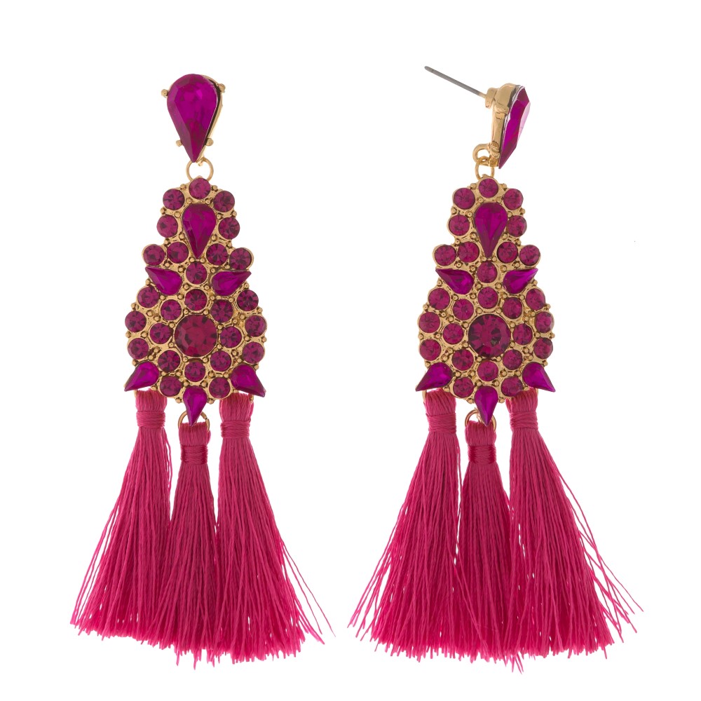 Fuchsia Rhinestone Tassel Earrings