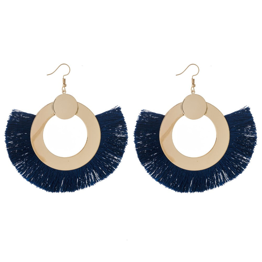 Large Navy Fanned Tassel Earrings