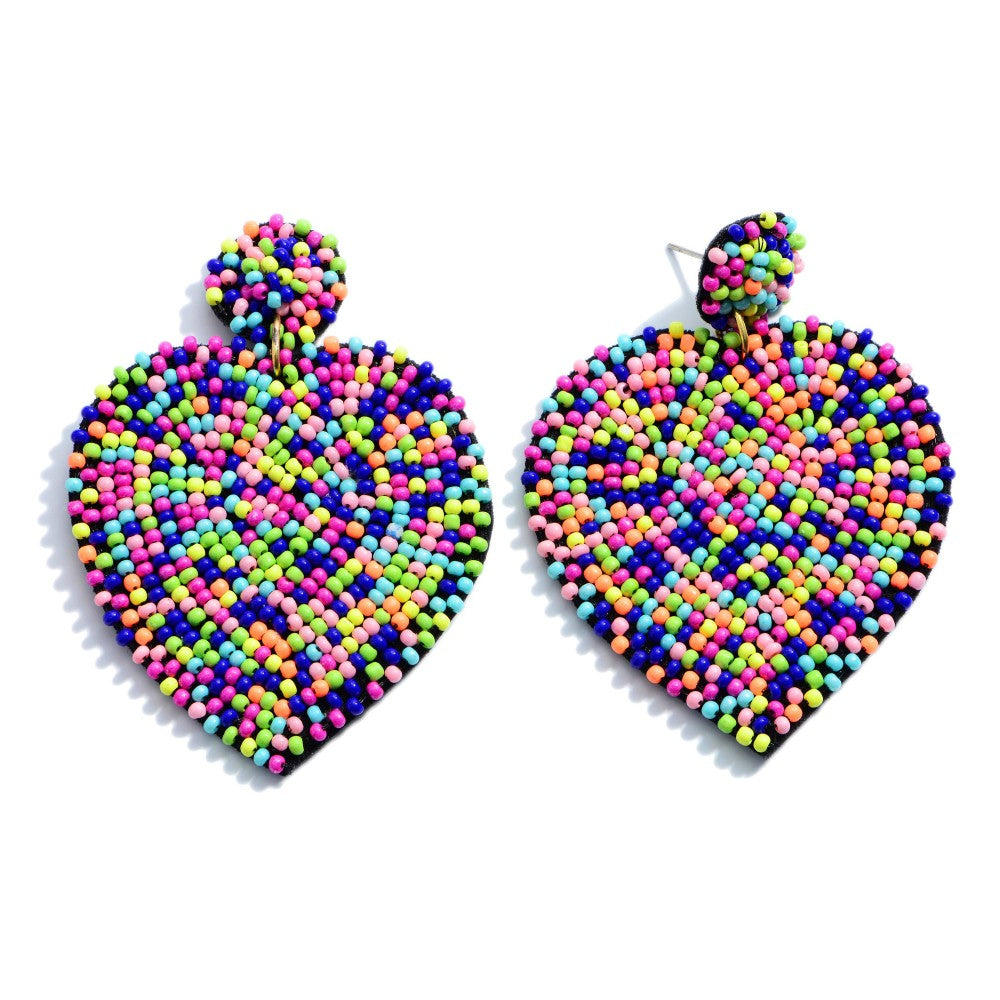 Neon Multi Seed Bead Heart Earrings