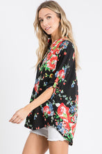 Black Floral Roll-up sleeve Top