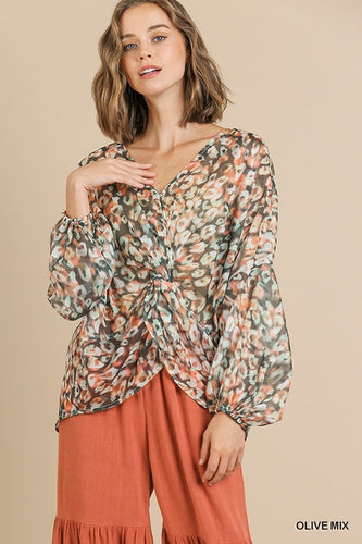 Olive Sheer Animal Print Puff sleeve Top