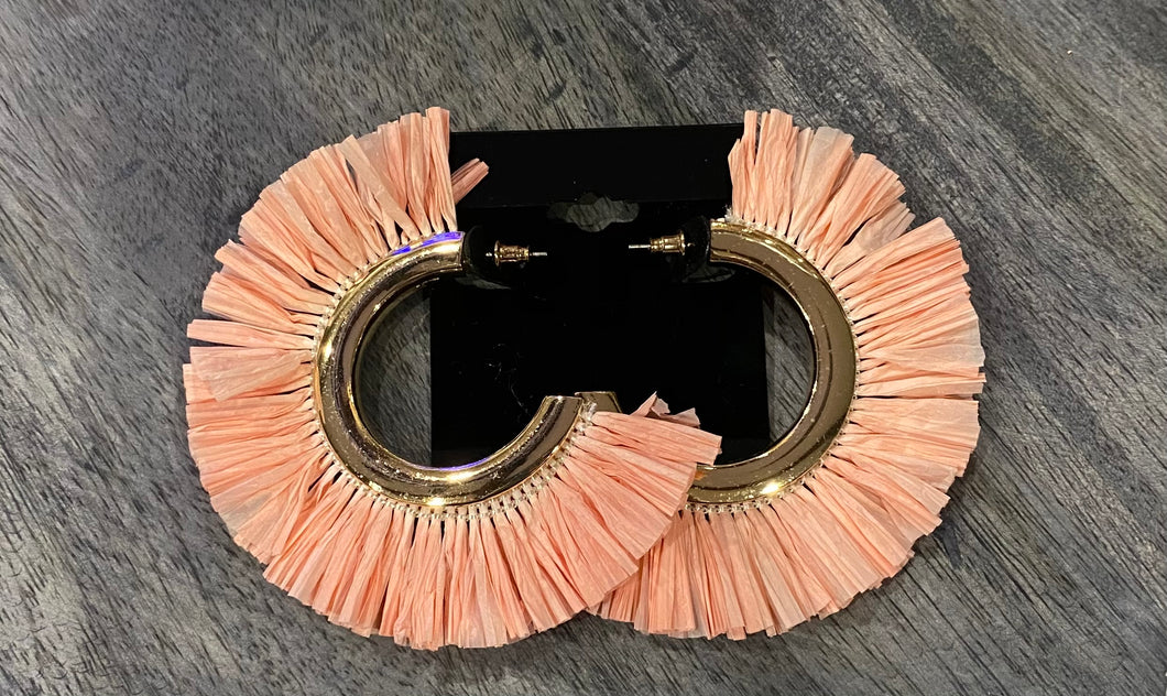 Peach Raffia tassel Hoop Earrings