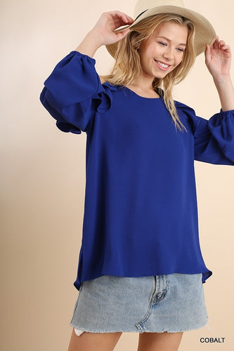 Cobalt Blue Ruffled Cold Shoulder Top