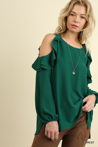 Forest Green Ruffled Cold Shoulder Top