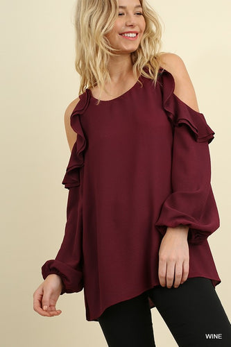 Wine Ruffled Cold Shoulder Top